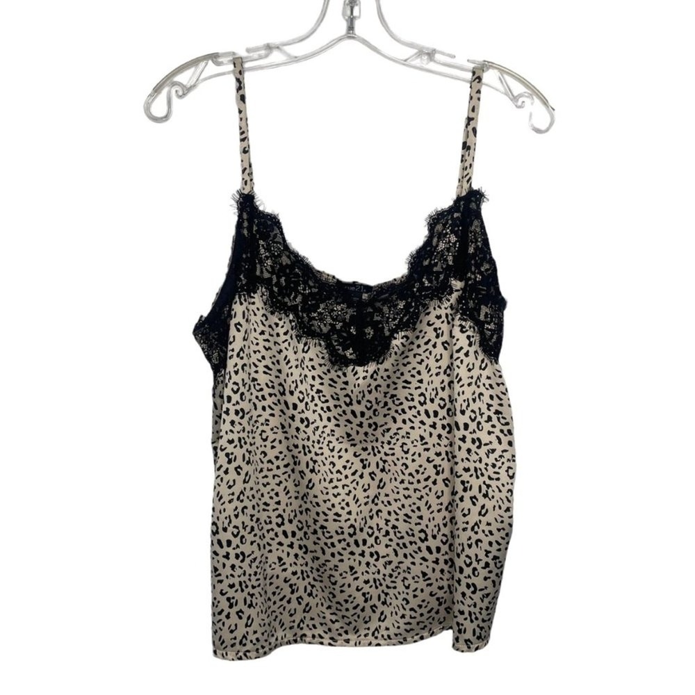 Rue21 Leopard Print Satin Cami Top Black Lace Trim Tan Animal Print Large